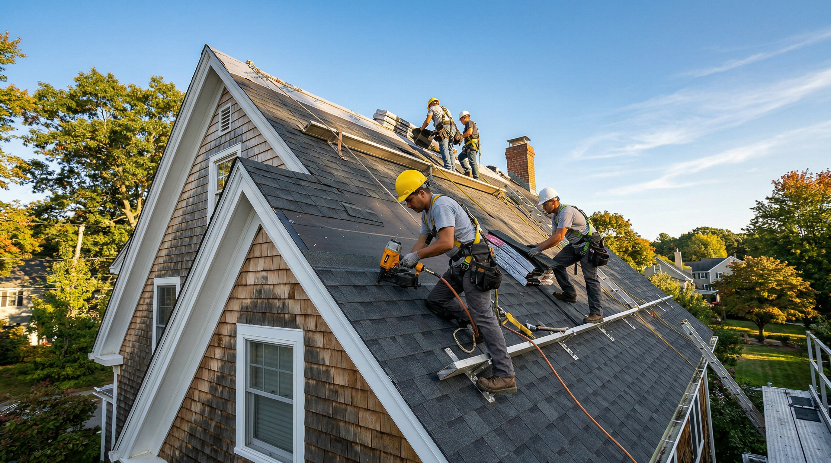 Professional roofing crew installing shingles on a residential roof in Maine